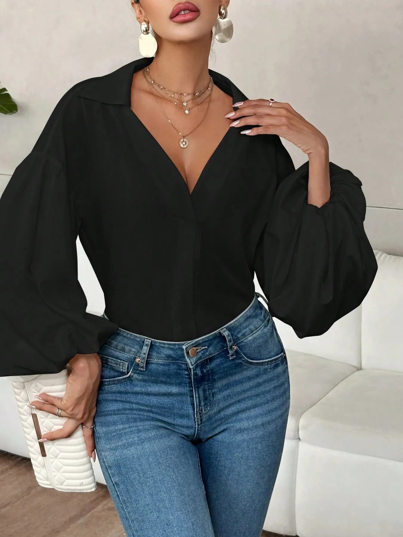 Polka Dot Balloon Sleeve Blouse Black S