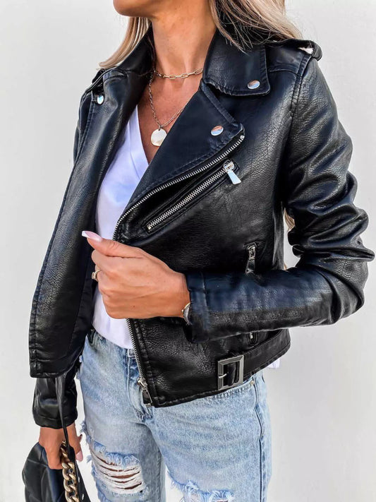 Full Size Zip Up Leather Jacket Black S