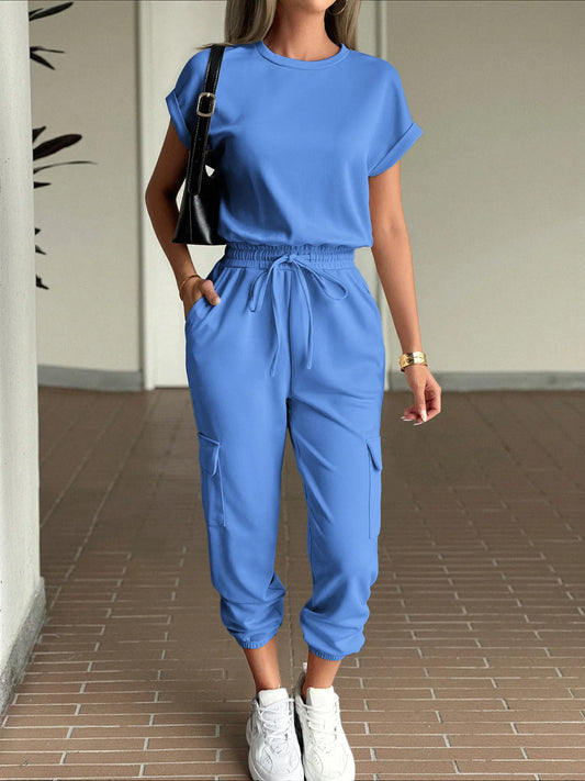 Round Neck Short Sleeve Top and Pants Set Blue S