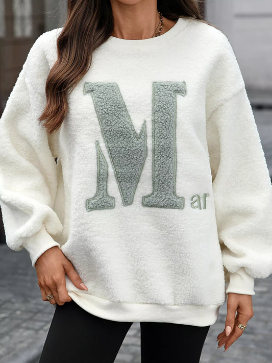 Letter Round Neck Fleece Sweatshirt Ivory S