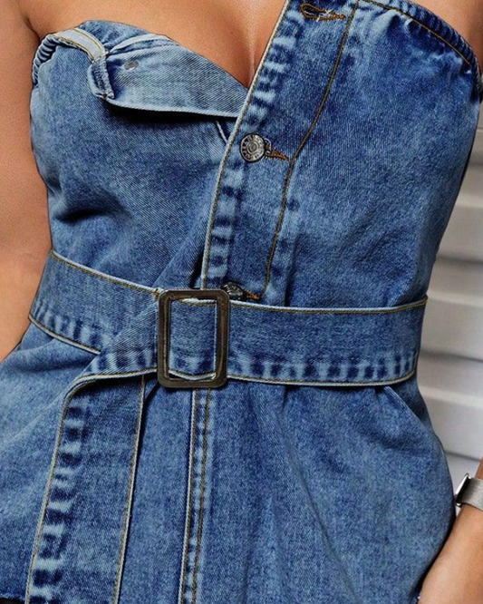 Buttoned Raw Hem Tube Denim Top