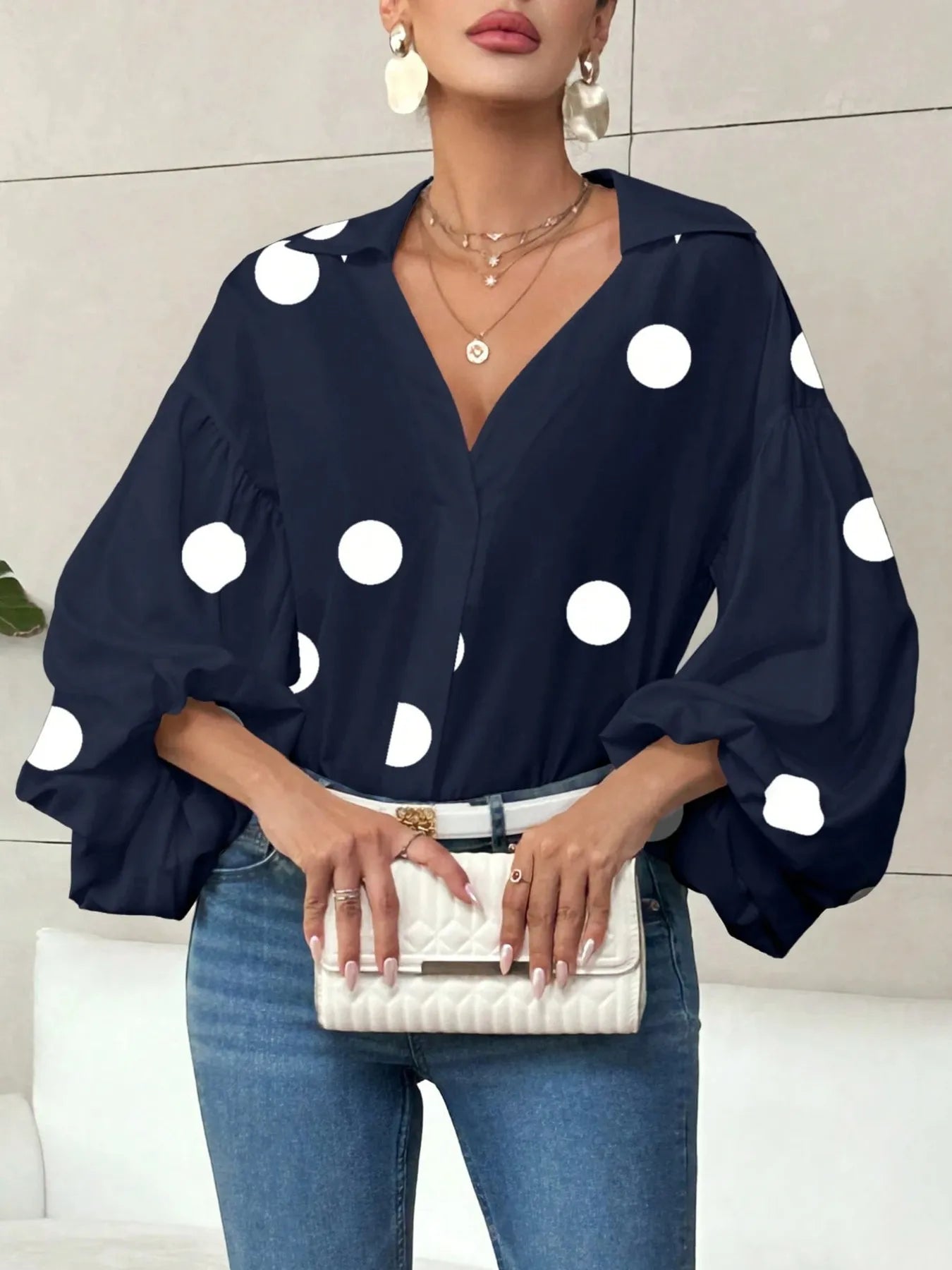 Polka Dot Balloon Sleeve Blouse Navy Blue Polka Dots S