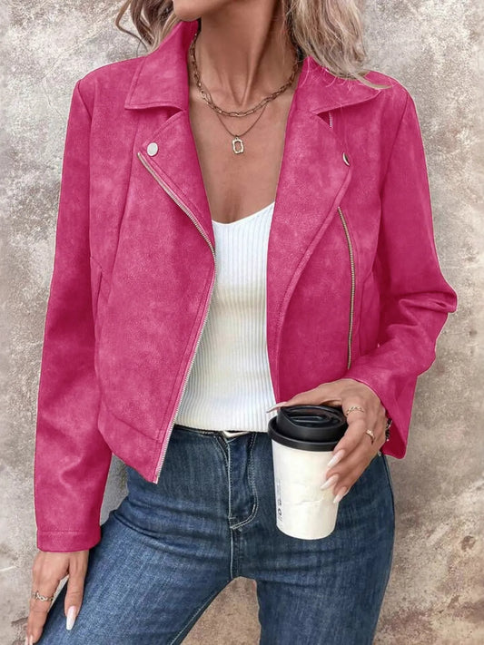 Zip Up Suede Cropped Moto Jacket Hot Pink S