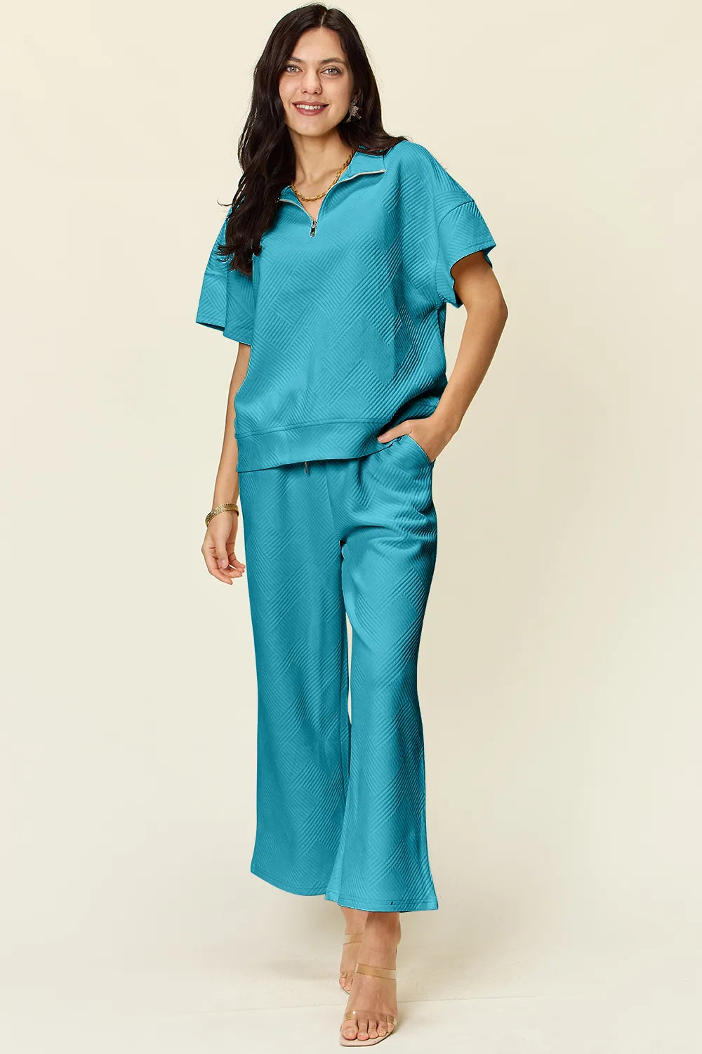 Double Take Full Size Texture Half Zip Short Sleeve Top and Pants Set Light Blue S
