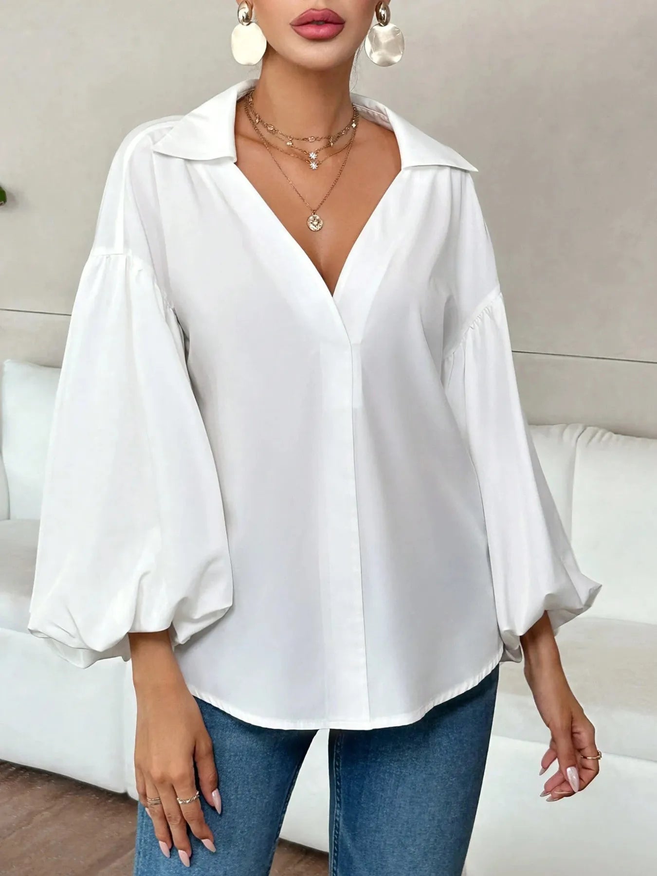 Polka Dot Balloon Sleeve Blouse White S