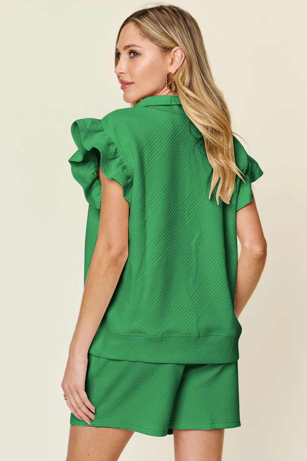 Texture Flounce Sleeve Top and Drawstring Shorts