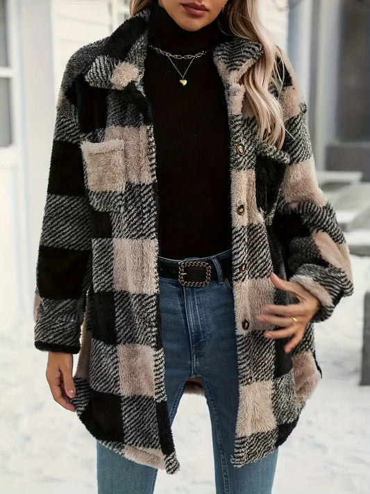 Button Down Collared Neck Plaid Teddy Coat