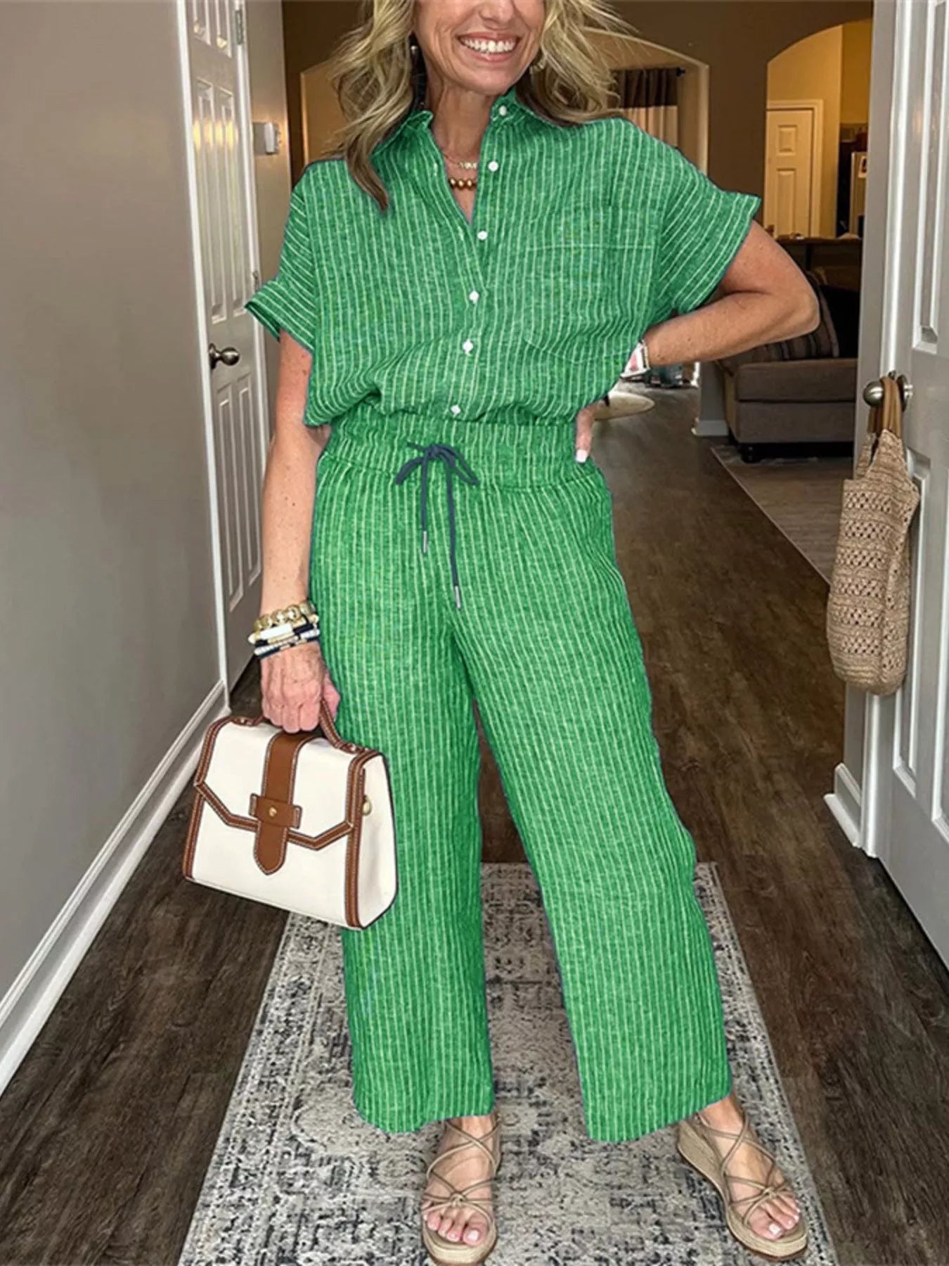 Striped Button-Up Shirt With Wide Leg Pants Green XS