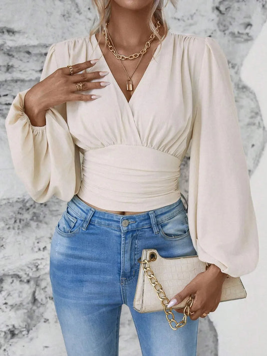 Smocked Surplice Balloon Sleeve Top Beige S