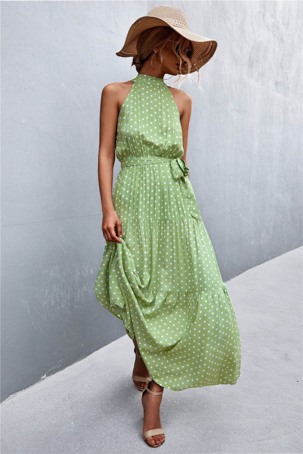 Printed Sleeveless Tie Waist Maxi Dress Gum Leaf S