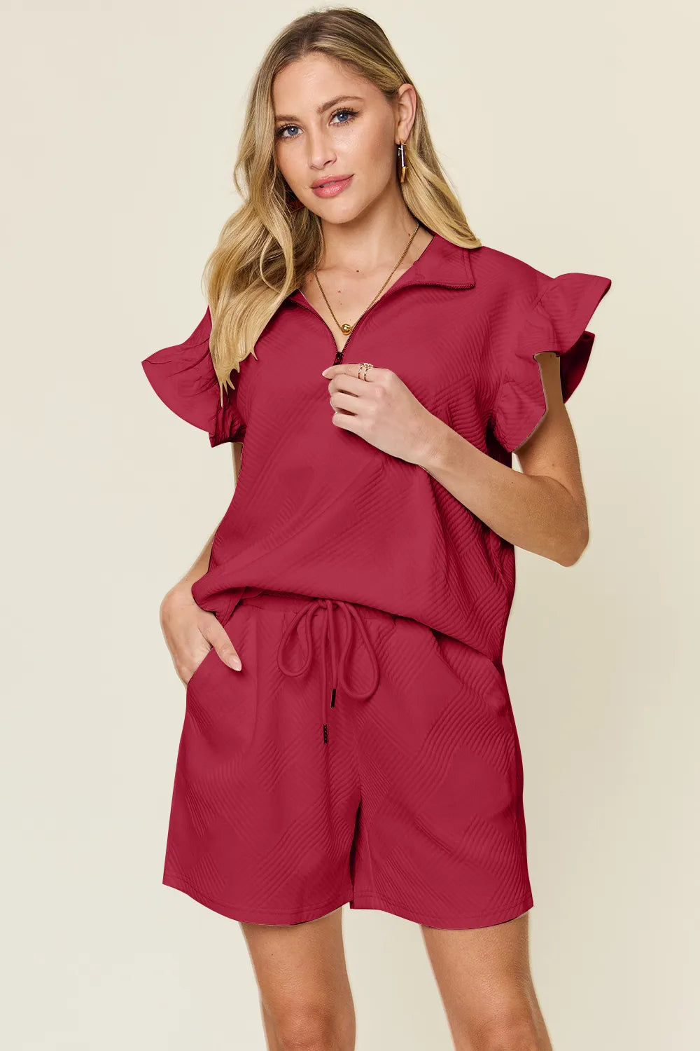 Texture Flounce Sleeve Top and Drawstring Shorts Deep Red L