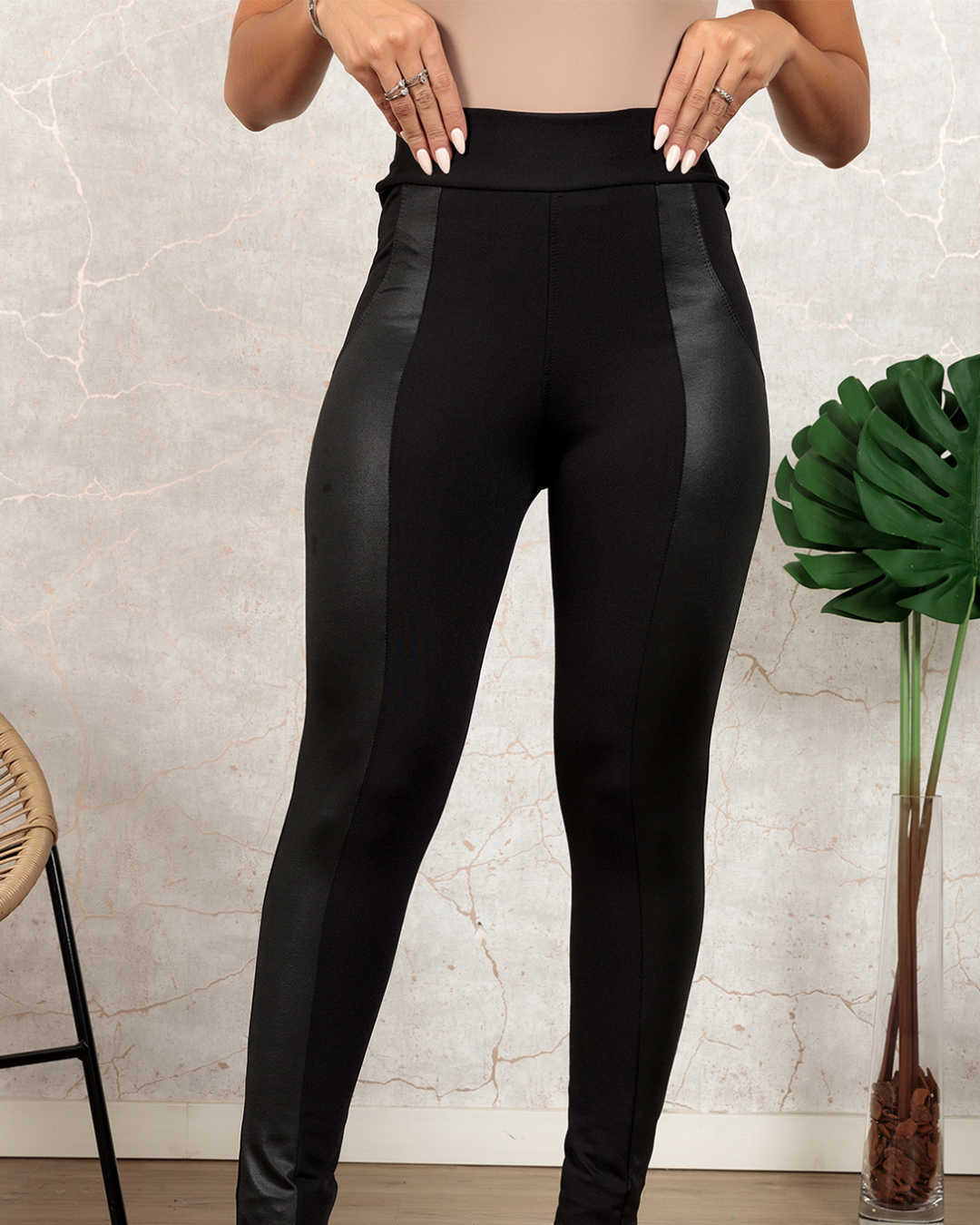 Leather Panel Patchwork Legging Black S