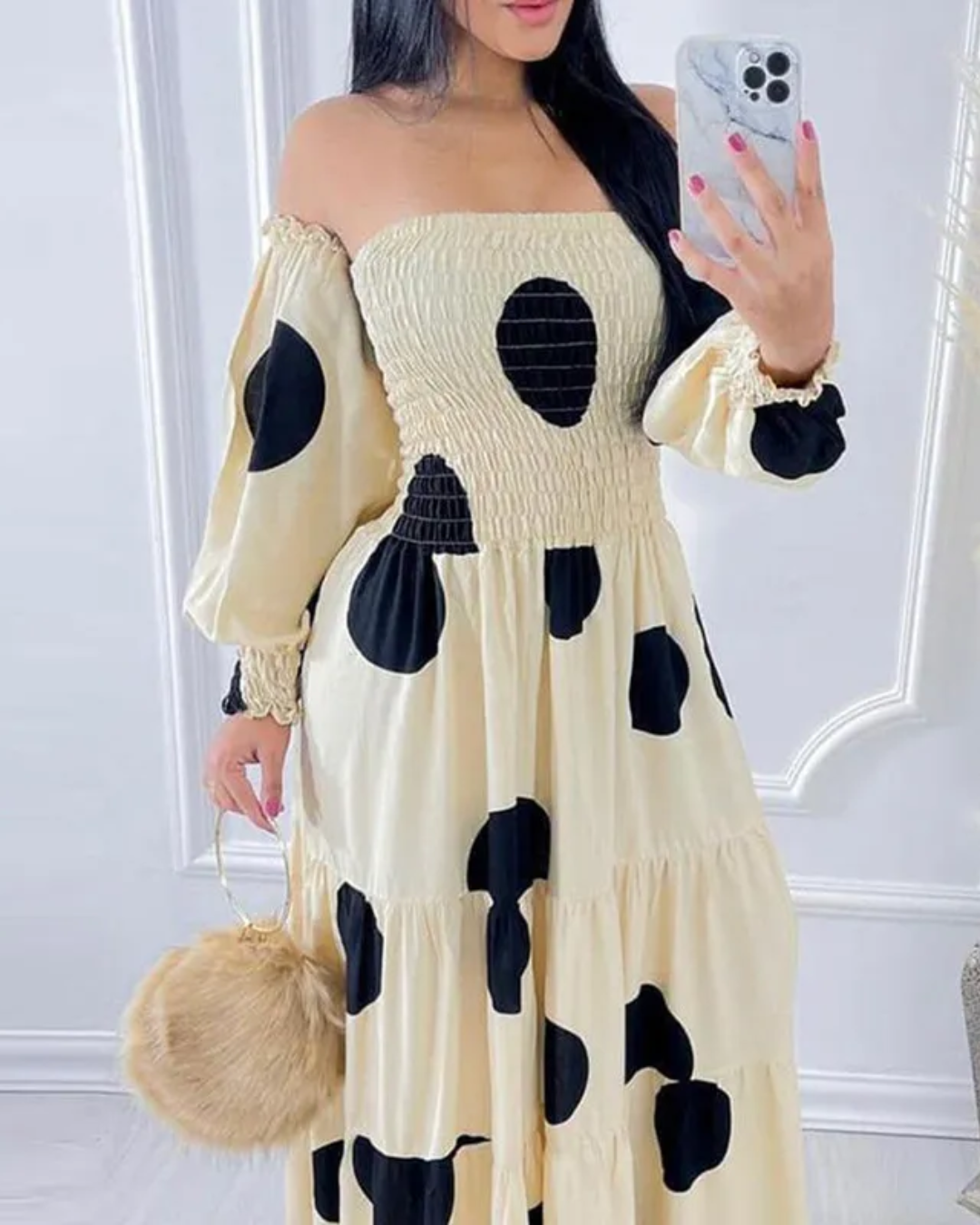 Off Shoulder Polkadot Backless Print Dress Beige S