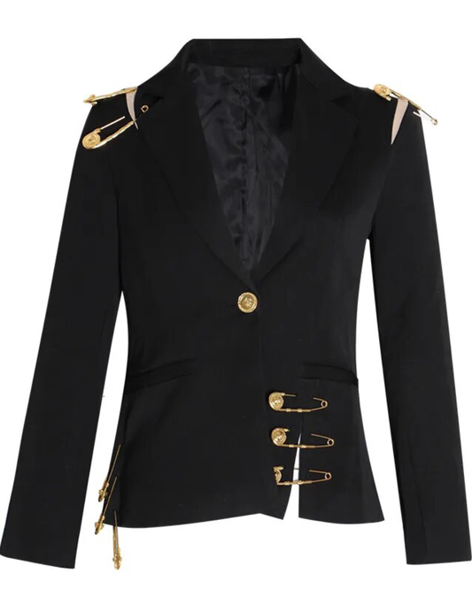 Loose Hollow Out Pin Spliced Blazer Black S
