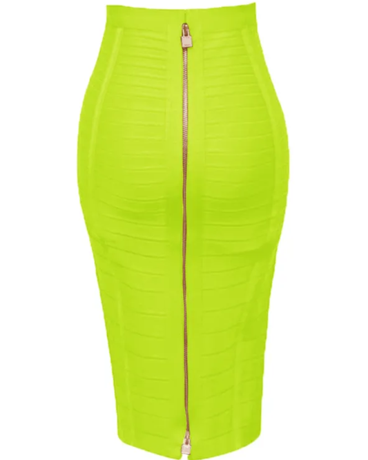 Solid Color Zipper Bandage Skirt Neon Green XS