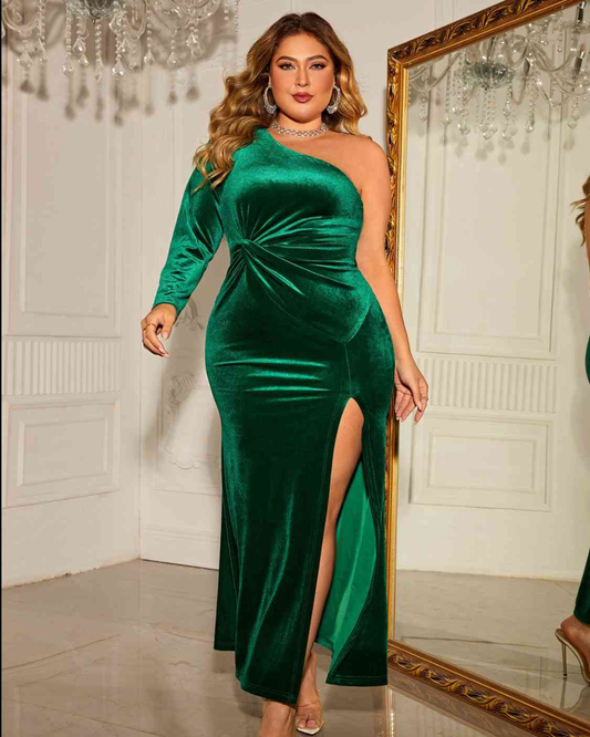 Plus Size One-Shoulder Twisted Split Dress Green 1XL