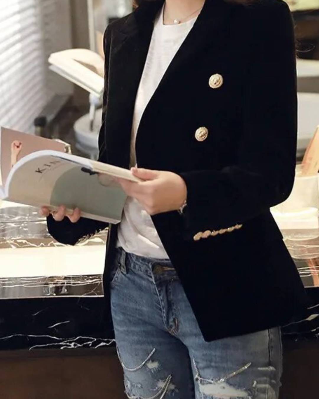 Long Double Breasted Velvet Blazer Black M