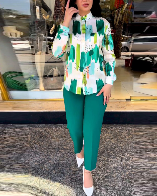 Long Sleeve Blouse Skinny Pants Suit M Green