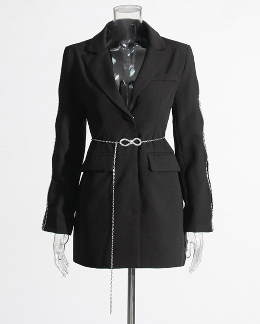 Chain Decoration Tight Waist Blazer S Black