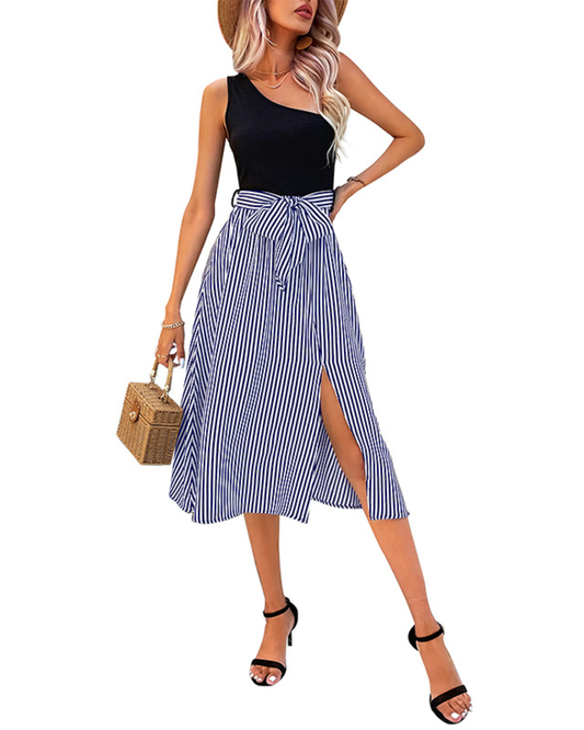 One Shoulder Striped Stitching Dress S Purplish Blue