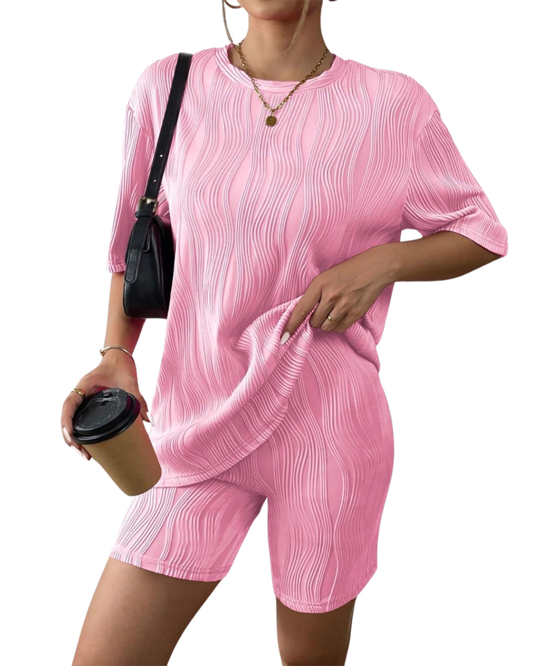 Wave Pattern Two Piece Suit S Pink
