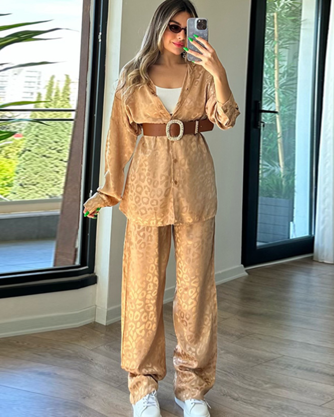 Leopard Jacquard Two Piece Set S Coffee