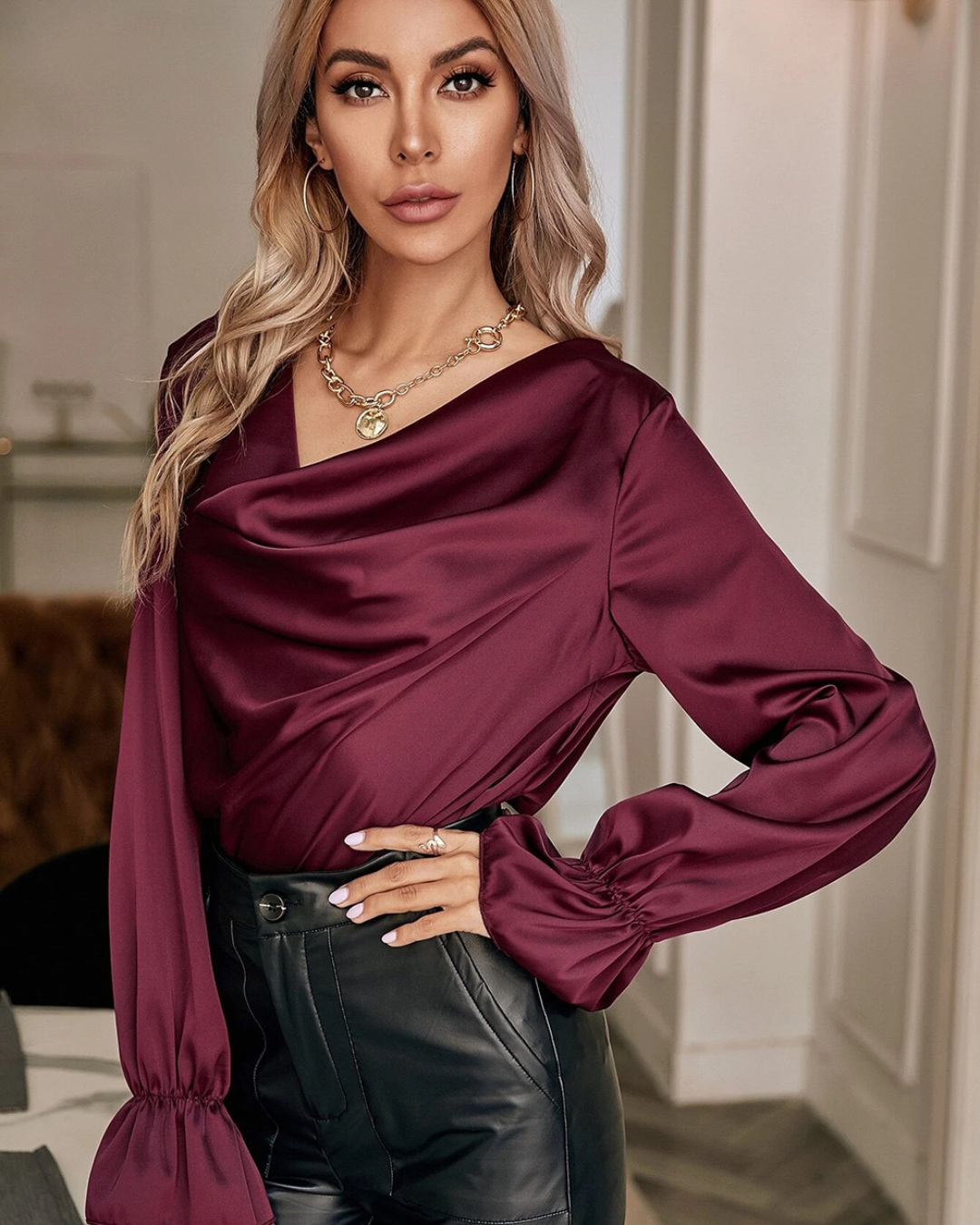 Pullover Pile Collar Shirt S Burgundy