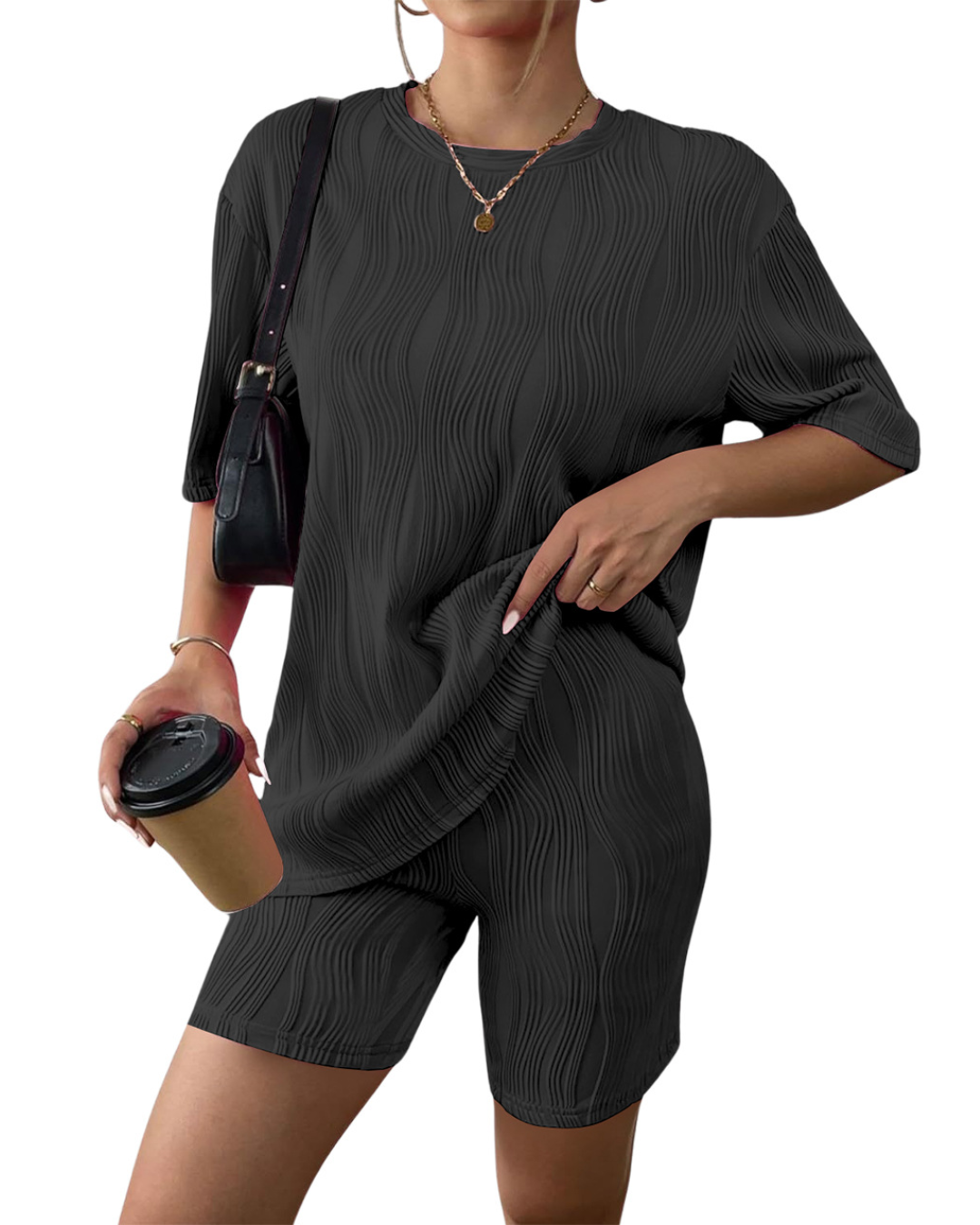 Wave Pattern Two Piece Suit S Black