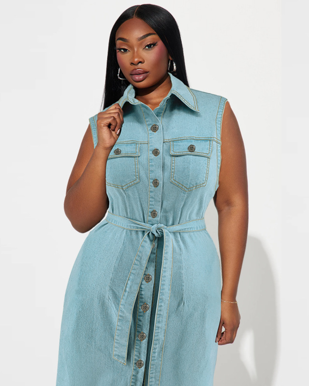 Plus Size Collared Denim Dress 1XL Light Blue