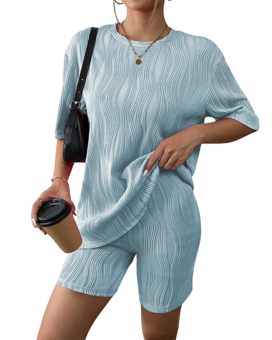 Wave Pattern Two Piece Suit S Skyblue