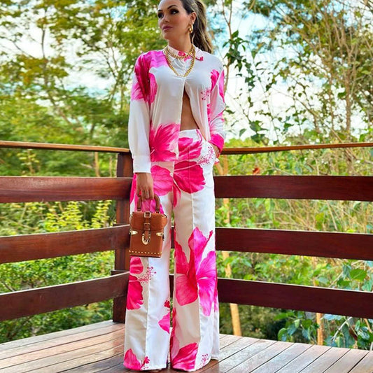 Printed shirt and wide leg casual set