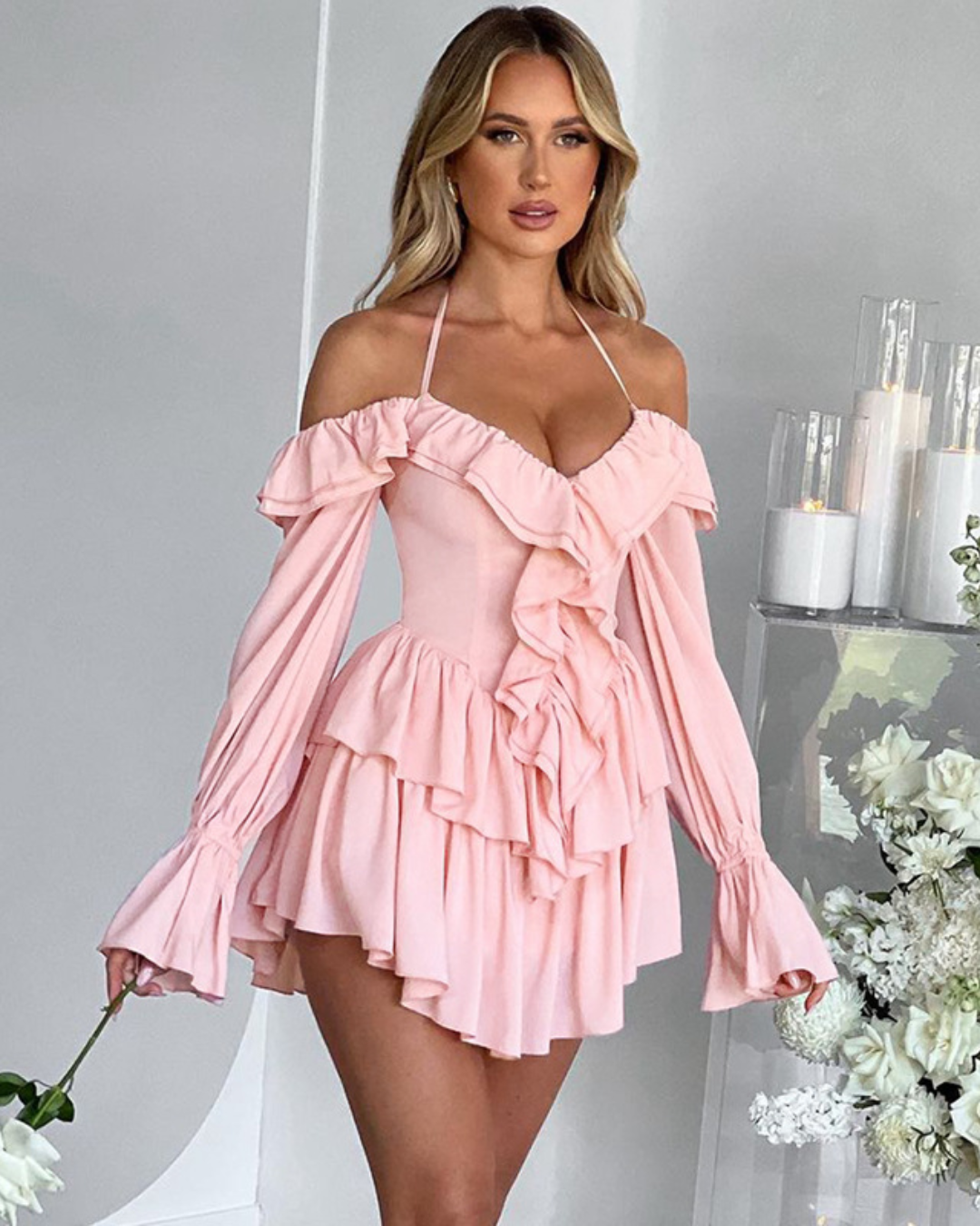 Halter Low Cut Ruffled Romper S Pink