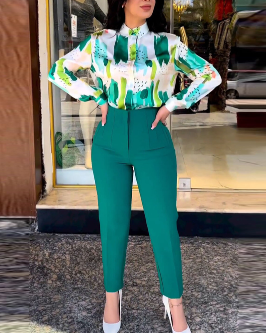 Long Sleeve Blouse Skinny Pants Suit