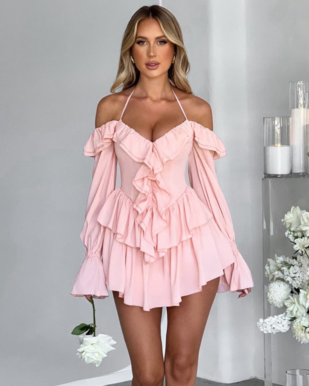 Halter Low Cut Ruffled Romper