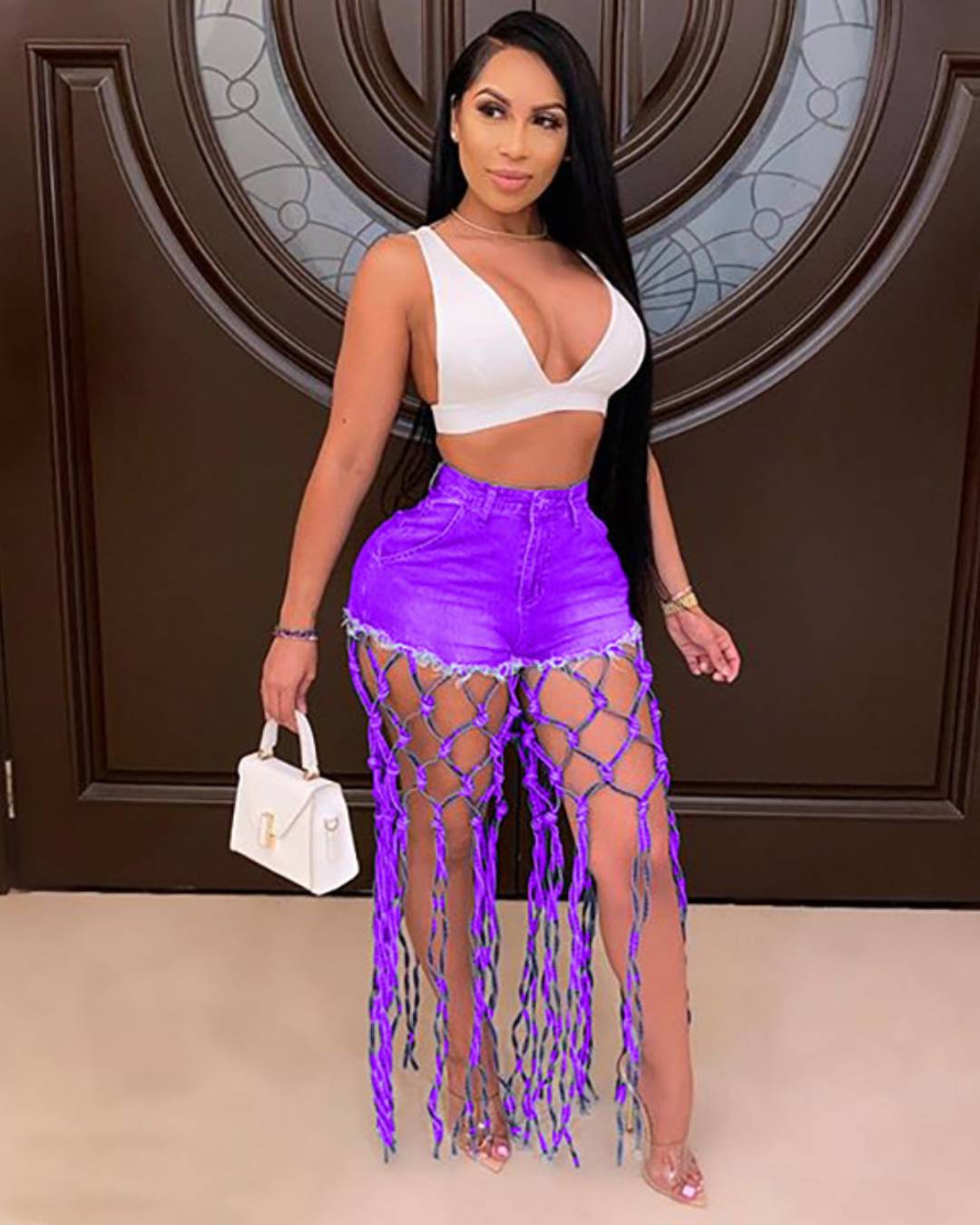 Shorts Women Knotted Denim Pants M Purple
