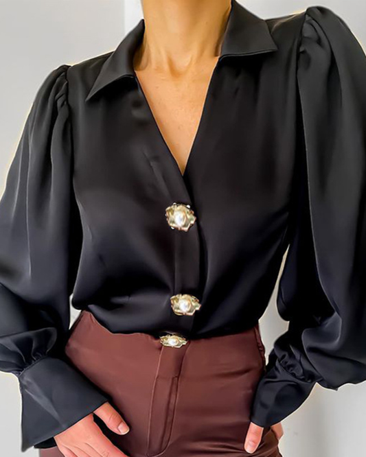 Lantern Sleeve Satin Shirt S Black