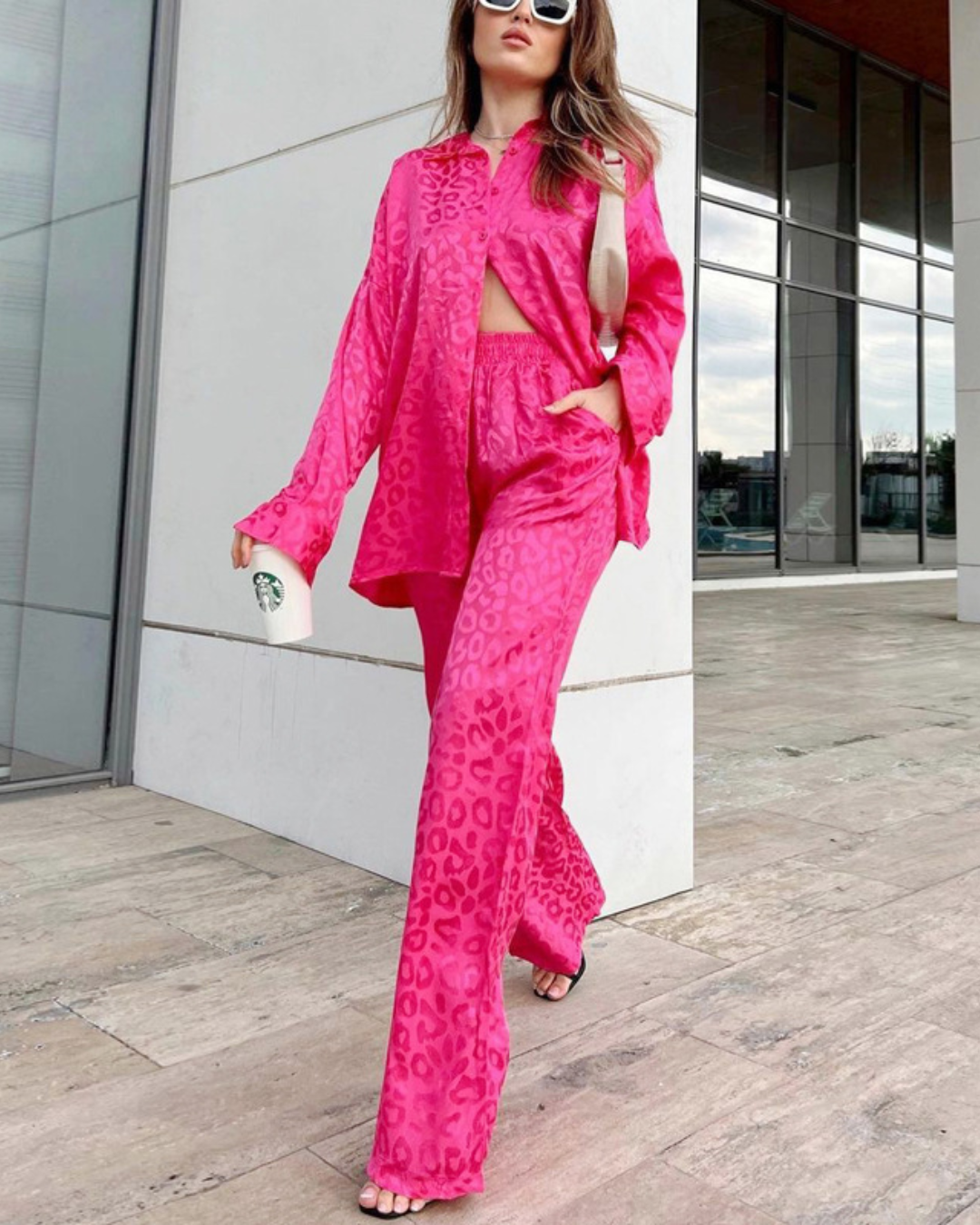 Leopard Jacquard Two Piece Set S Coral Red