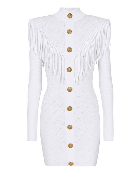 Knitted V-Neck Tassel Dress S White