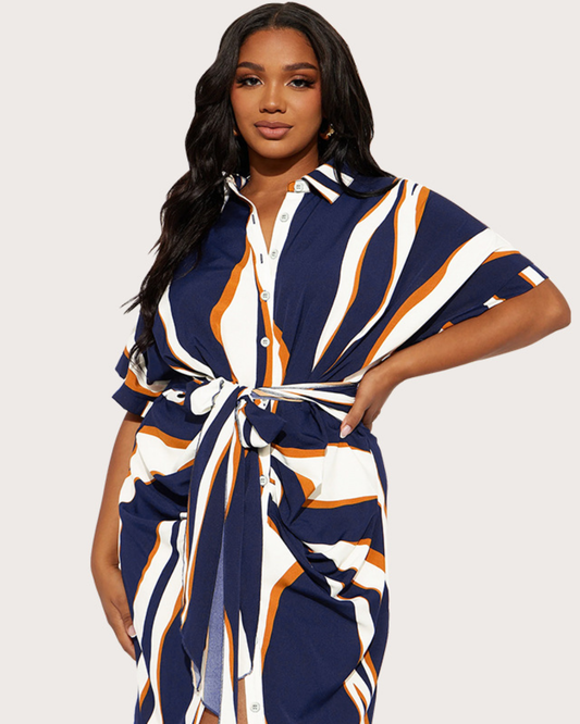 Plus Size Striped Bandage Collared Dress