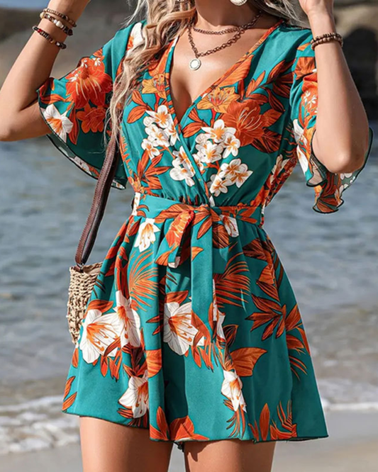 Cross Collar Printed Jumpsuit