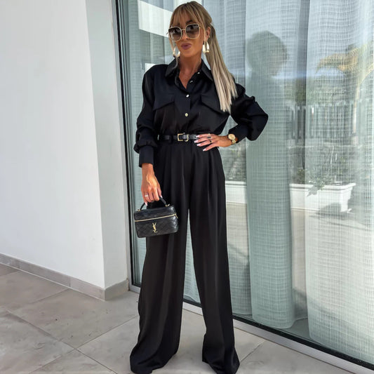 Long Sleeved Faux Pocket Shirt Elegant Trousers