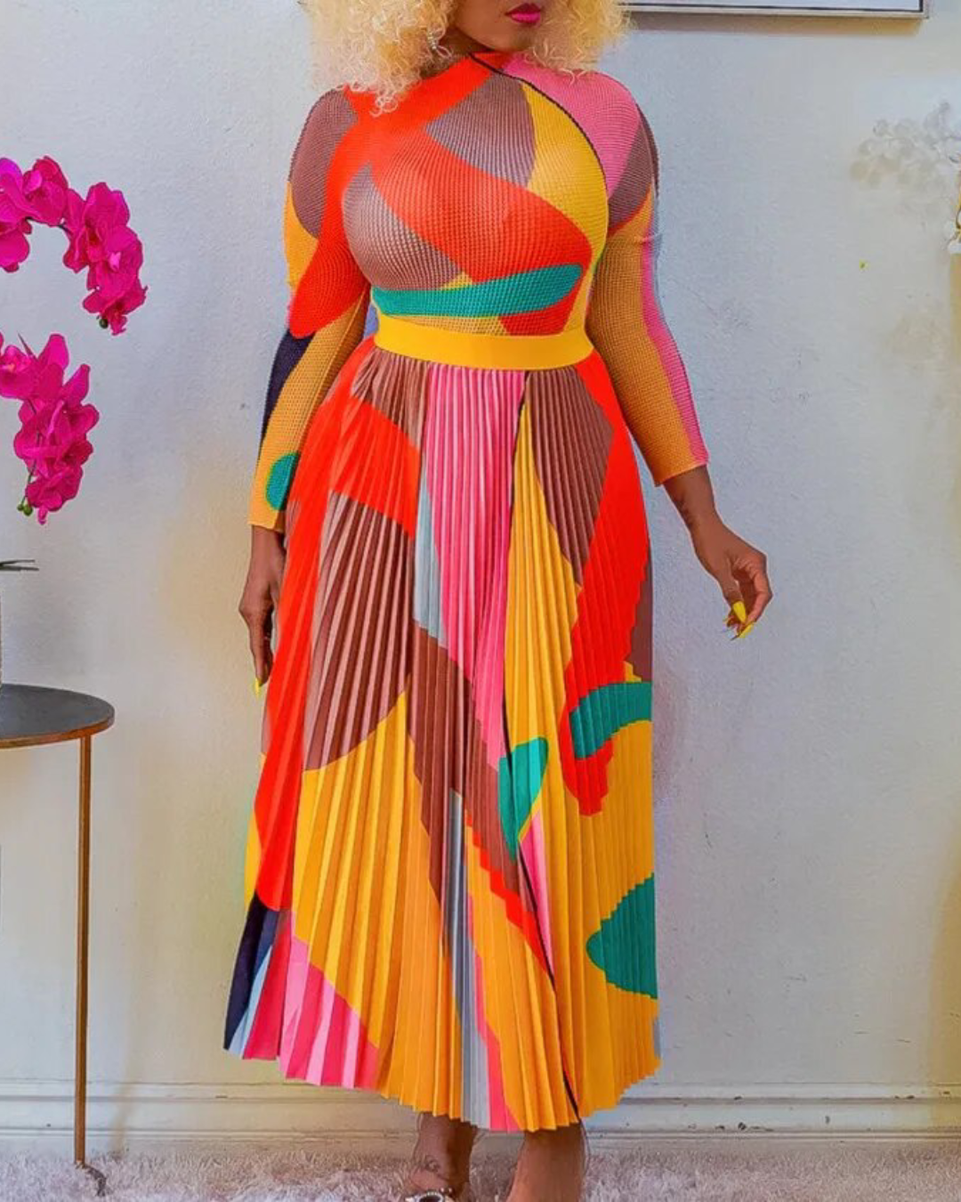 Colorblock Printed Top & Pleated Skirt Set Orange S
