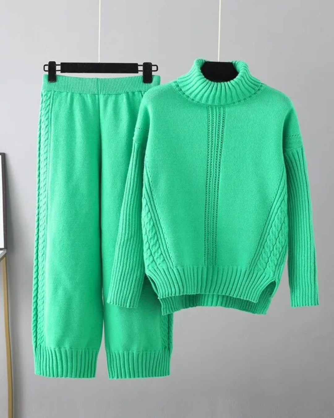 Turtleneck Knitted Top & Trousers Set Green One Size