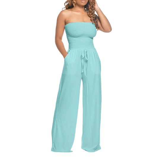 Strapless Ruched Wide-Leg Romper