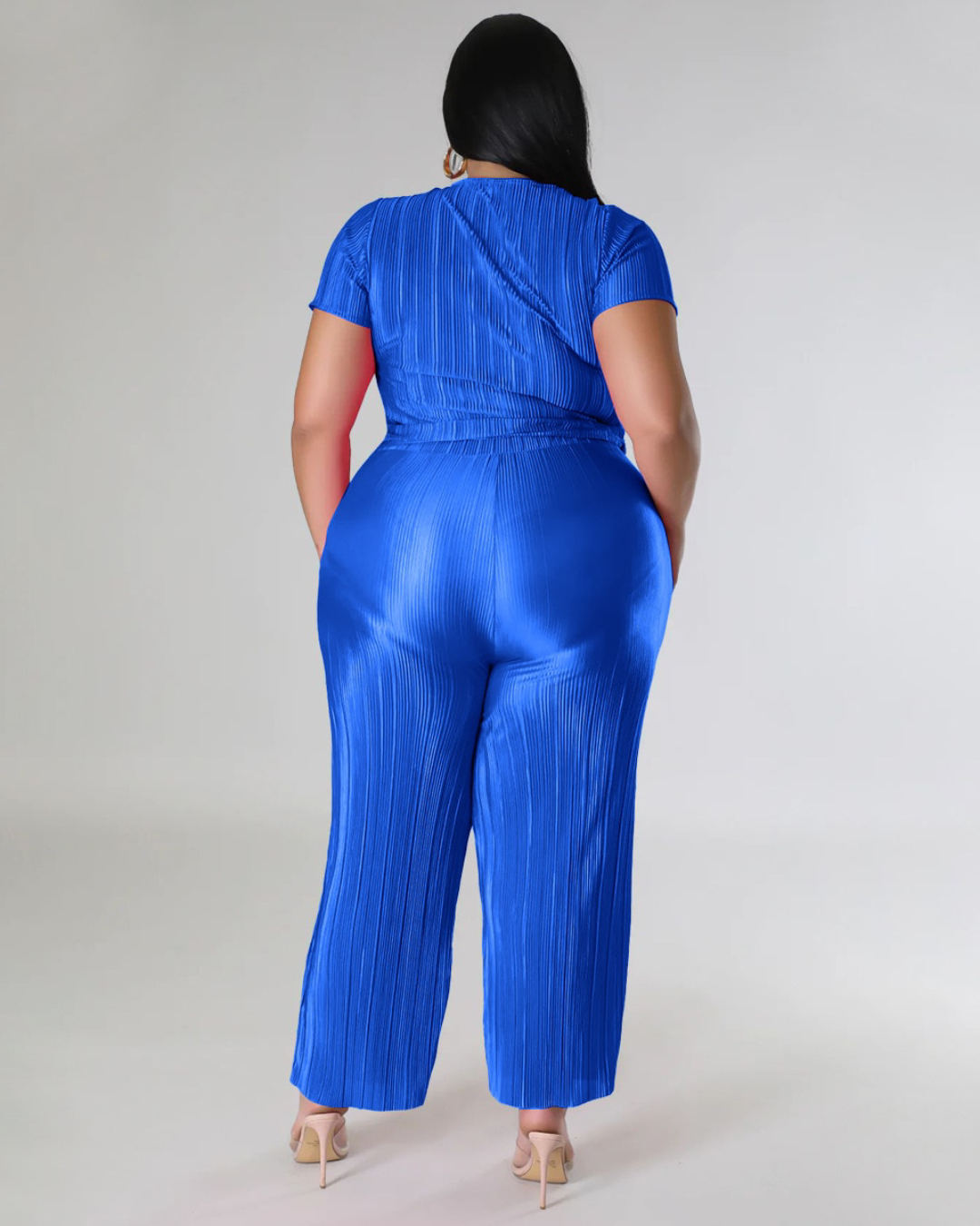 Plus Size Pleated V Neck Two Piece Set