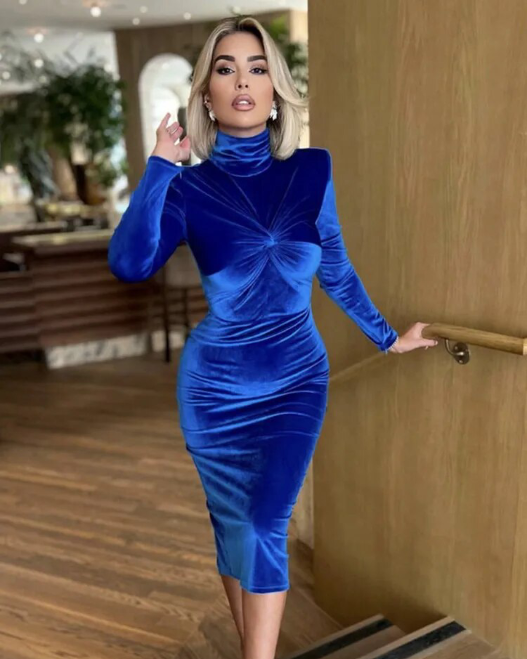 Long Sleeve Turtleneck Velvet Dress Blue XS