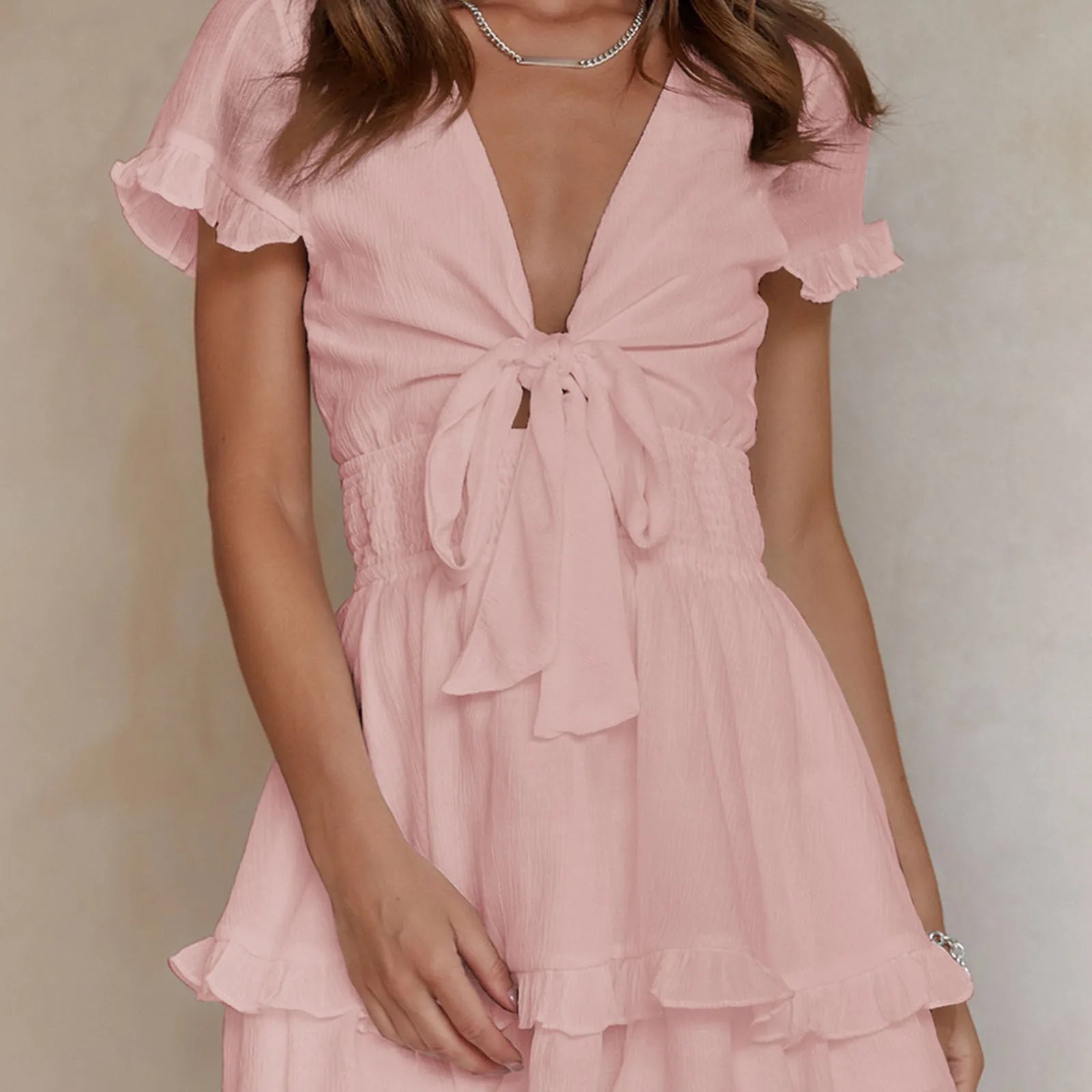 Deep V-Neck Tunic Waist Short Sleeve