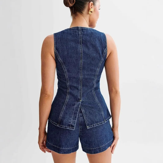 Casual Sleeveless High Waist Denim Shorts Set