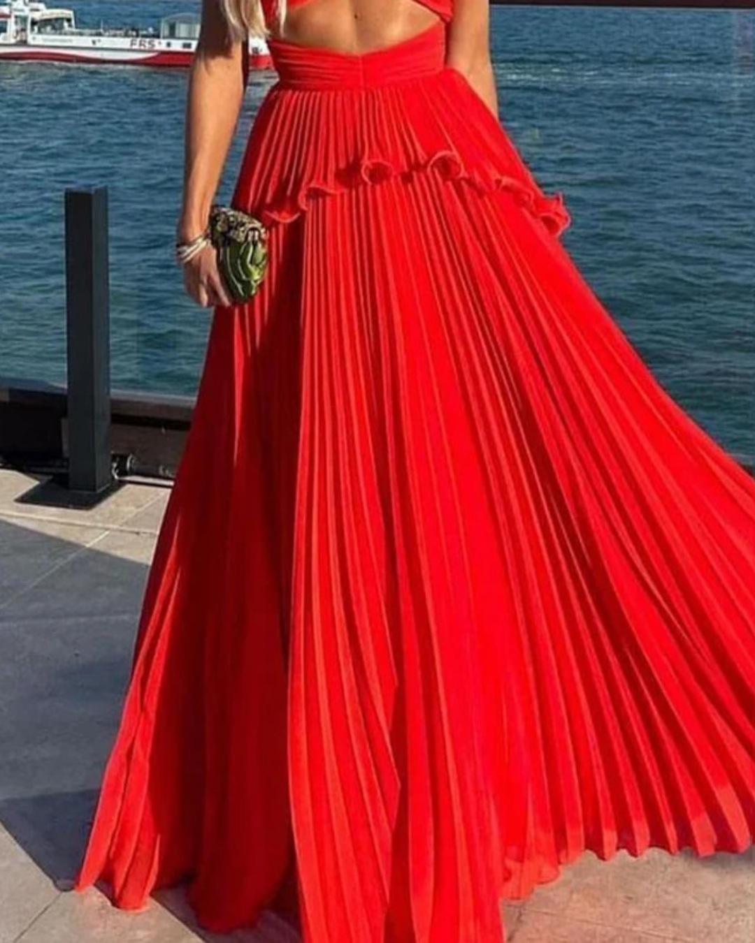 Solid Pleated V-Neck Dress