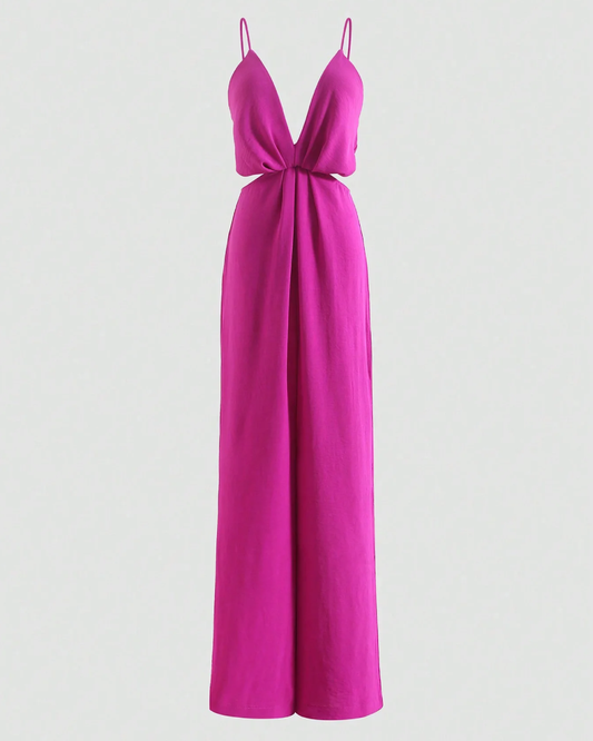 Hollow Out Pleated Jumpsuits Pink XS